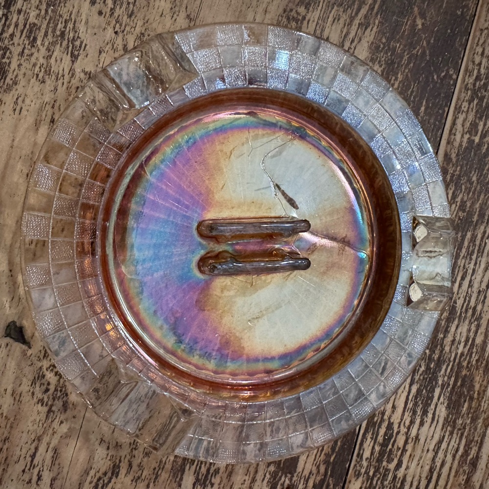 Orange Iridescent Carnival Glass Ashtray 6”